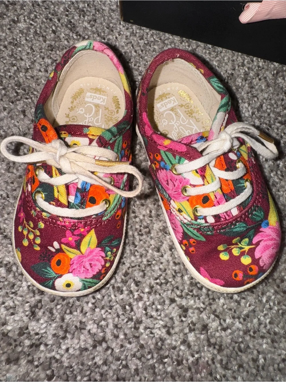 Keds Kids Floral Canvas Sneakers in Burgundy with Pink & Orange Accents